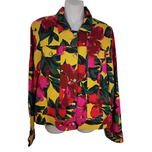 Cynthia Rowley Women's Jacket Medium Tropical Print Linen Blend Colorful Pockets